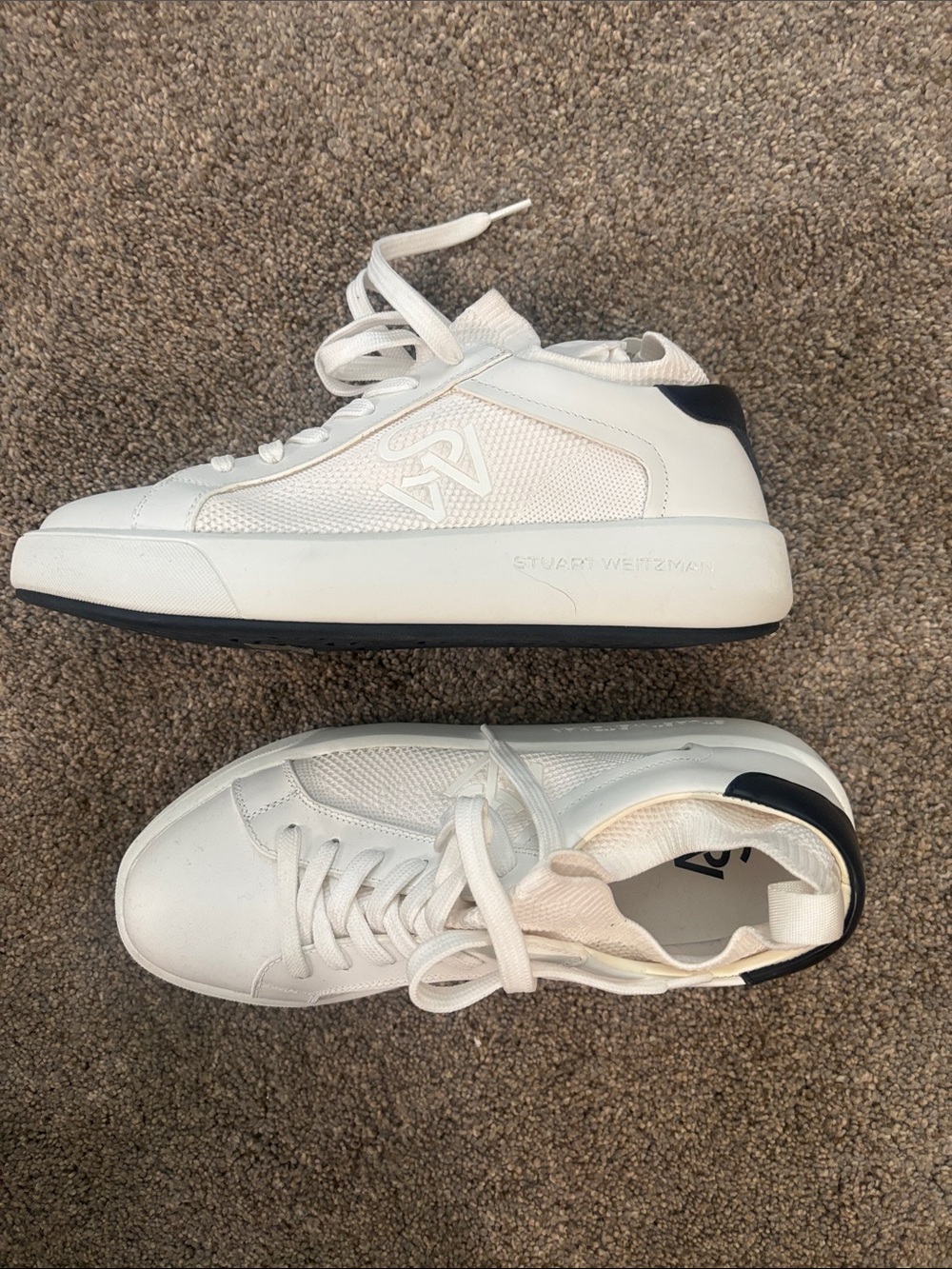 Stuart Weitzman White Low-Top Sneakers with Black Heel Tab